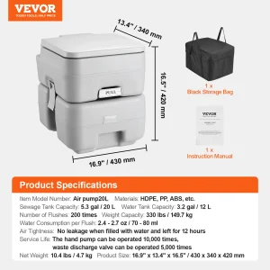 Portable Toilet for Camping. Push-Button Pressurized Flush Commode