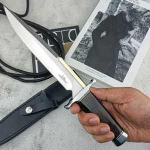 Old toothpick Bowie Knife and Leather Case, Mirror Polished Stainless Steel.